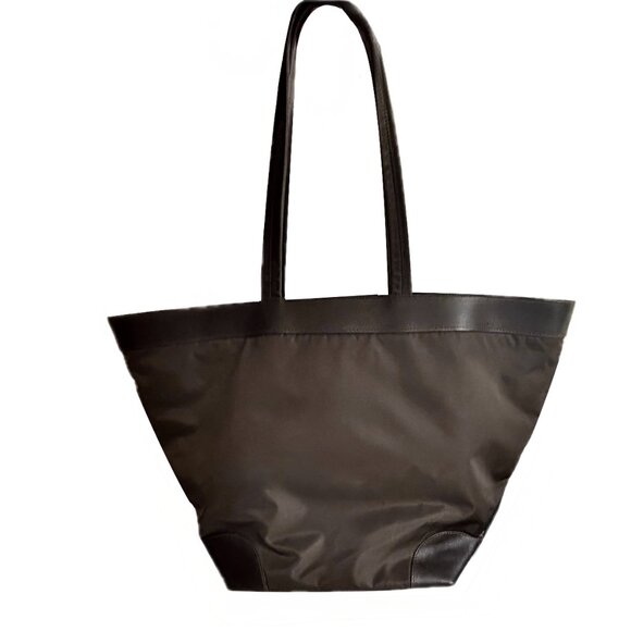 Furla Tote Nylon/Leather Shoulder Bag Chocolate Brown Zipper Pocket Lightweight - Picture 2 of 9